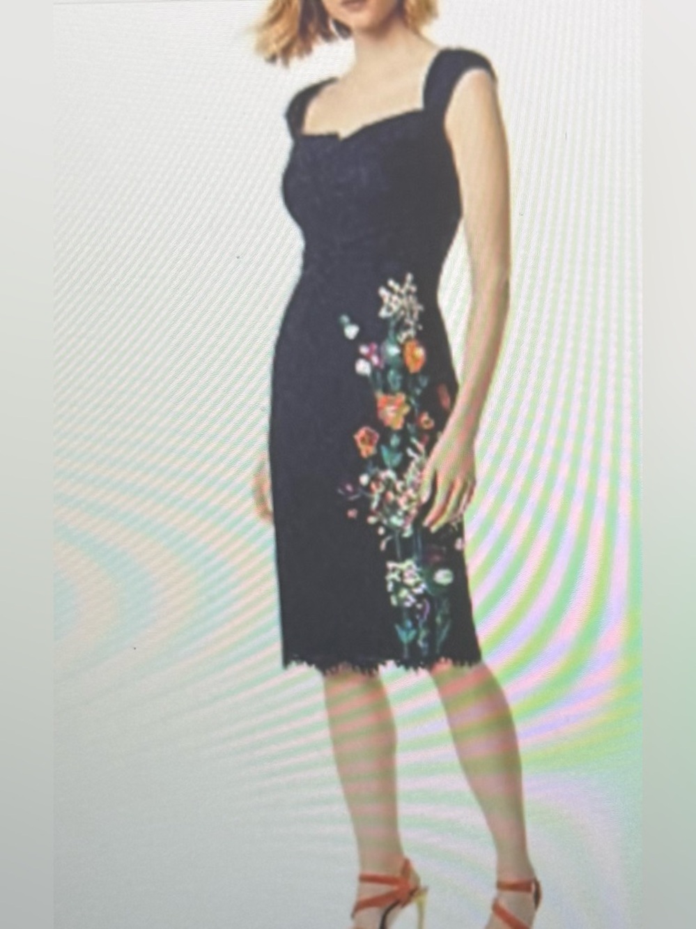 Karen Millen, Floral-Embroidered navy  Sheath Dress with lace, sz 10 worn once
